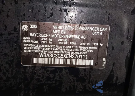 2014 BMW 320I xDrive z USA, uszkodzony, nr VIN WBA3C3G5XENS70111